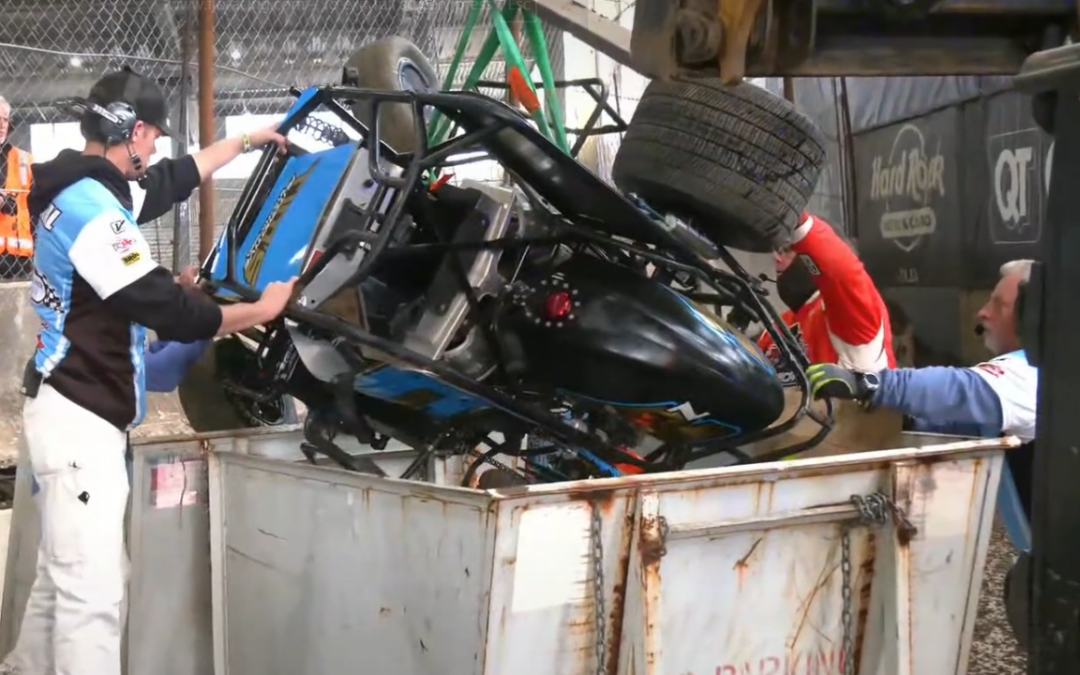 Gabe Zahner Flips Off Track And Lands In A Dumpster During Heat Race At The Tulsa Shootout